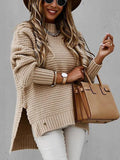 Chunky Knitted Mock Neck Sweater Side Slit Long Sleeve Pullover Female Knitwear Autumn Winter Women Casual Chic Outfit