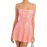 Pbong  Women Shiny Sequins Dress Summer Backless A-Line Mini Dress for Cocktail Party Beach Streetwear