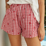 y2k Lounge Shorts Women Summer Cute Cherry Plaid Print Elastic Waistband Pajama Shorts 2000s Clothing Beach Streetwear