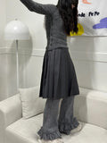 Korean Casual Women Knitted Ruffles Flare Pants Vintage Simple Fashion All Match Wide Leg Trousers Y2k Grunge Mujer Pantalones