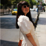 Stripe Puff Sleeve All-match Women Dress With Belt 2025 New Round Neck Casual Short Dress A-line Elegant Chic Female Vestidos