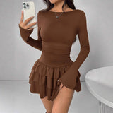 Pbong  New Autumn Winter Solid Color Cascading Ruffles Mini Dress Women Elegant Flare Sleeve High Waist Sexy Party Bodycon Dresses
