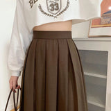 Vintage Brown Pleated Long Skirts Women Korean Fashion High Waist Chic Elegant A-line Midi Skirt for Girls Preppy Style