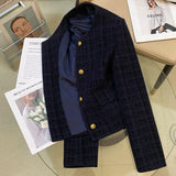 Ladies Short Jacket 2025 Spring Autumn Navy Blue Small Fragrance Lady Outerwear Korean Version Temperament Women's Short Tops