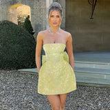 Jacquard Waist Wrap A-line Dress Women Mini 2024 Spring Summer Dress Elegant Bow Backless Sexy Party Dresses