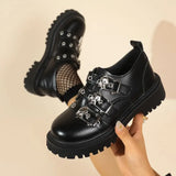 Pbong  Designed New British Lace-up Platform Single Shoes with Heightened Metal Buckle Small Leather Shoes