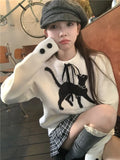 Kawaii Cat Graphic Sweater Women Korean Fashion Sweet Bow Pullover Kpop Casual Sueter Mujer Coquette Long Sleeve Tops