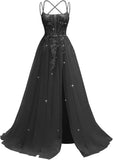 Pbong  Lace Applique Sparkly Tulle Prom Dresses for Women with Slit Spaghetti Straps Backless A Line Long Ball Gown