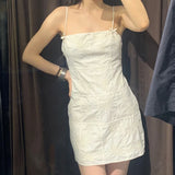 Solid Beige Plaid Embroidery Short Dress Sleeveless Sqaure Collar Casual Bow Women Dress 2025 New Sweet Chic Summer Vestidos