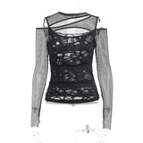 Gothic Mesh Hole Long Sleeve T-Shirts Women's Mock Neck Slim Fit Fishnet Sheer Blouse Cut Out Rave Tops See Through Top