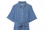 Turn Down Collar Belt Denim Long Dress 2025 New Single Breasted Fashion Women Dress A-line High Waist short sleeve Summer Dress