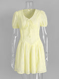 Trendix Yellow Elegant Dress Women Summer Sexy Deep V Neck Lace Up Short Sleeve Dresses Street Casual Vacation Ruffle Mini Dress