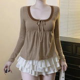 Pbong  Sweet Korean Style Loose Fit Long Sleeve T-Shirt round Neck Striped A- Line Home Wear Slimming Girl's Fashion Top
