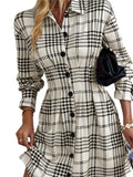 Pbong  Lapel Single-breasted Cardigan Dresses Spring Autumn Lady Long Sleeves VestidosStreetwear Fashion Checkered Print DressesCasual