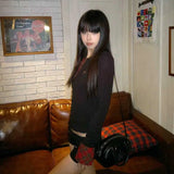 Y2k Vintage T Shirt Women Pathwork Long Sleeve Skinny Plaid Grunge Tops Streetwear American Retro 90s Tshirts Autumn