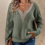 Pbong  Solid V Neck Knitted Sweater, Hollow Out Long Sleeve Casual Sweater For Fall Winter Women's Clothing