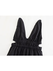 Women Solid Hollow Out Midi Camisole Dresses Summer Elegant Casual Deep V-Neck Backless A-line Party Dress