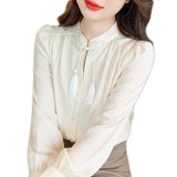 Pbong  Long Sleeve Shirts Womens Satin Oversized Button Down Tops Lantern Sleeves Polka Dot Pleated Hem Minimalist French Style Preppy