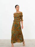 Vintage Printed Women Off Shoulder Elasticity Half Sleeve Maxi Dress Elegant Ruffle High Waist Robe High Street Vestdios