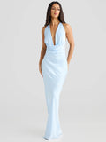Satin Halter Backless Sexy Maxi Dress Women Gown Elegant Solid Sleeveless Lace-up High Waist Evening Club Long Dress