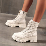 Pbong  New Fashion Winter motorcycle Boots For Women Lace-up Mid-calf Boots Black White Winter Spring Pu Hiking Shoes