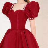 Pbong  Burgundy Square Collar A-LINE Evening Dresses Puffy Sleeves Long Prom Dresses Elegant Beading Decoration Party Dresses