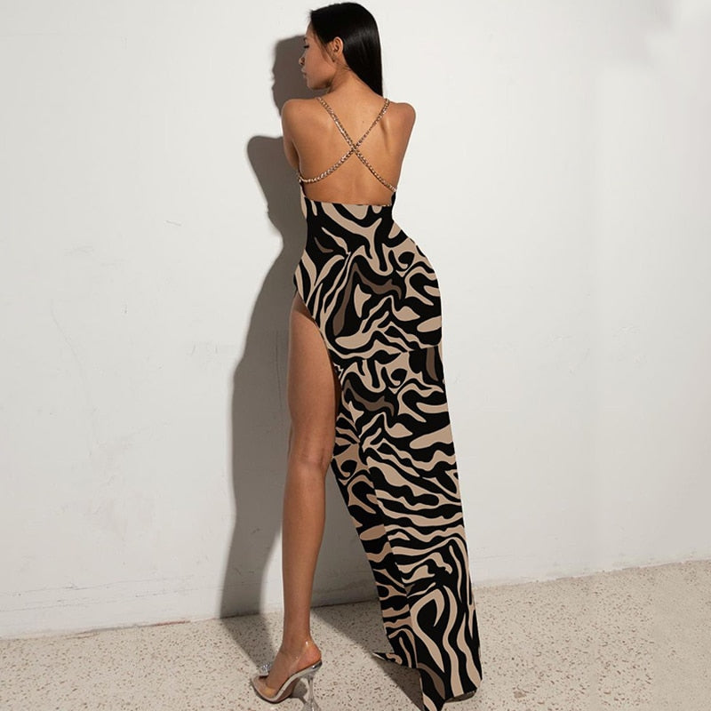 Leopard Print Women Chain Strap Side Slit Maxi Dress Backless Bodycon Sexy Streetwear Festival Evening Elegant