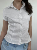 White Stripe Puff Short Sleeve Button Shirts For Women Basic Simple Casual Seumme Preppy Tops Y2K Korean Clothes