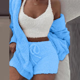 Women's Comfortable Knit Pajama Set Crop-top with V-neck Winter Plush Loungewear Casual 3-Piece Set Long Sleeve Shorts Sports
