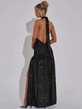 Glitter Deep V Neck Sexy Maxi Dress For Women Gown Fashion Sparkle Halter Sleeveless Backless Split Club Long Dress
