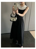 Knit Patchwork Pleat Long Dress Round Neck A-line Fashion Women Dress2025 New Sleeveless Loose Vestidos Chic Female Clothing