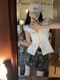 V-neck White Shirts Women Fashion Lace Design Slim Temperament Ins Hotsweet Summer College Vacation Chic Vintage Simple Casual