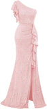 Pbong  Sequin Ruffle Formal Dresses One Shoulder Mermaid Evening Gown Sparkly Long Maxi Dress with Slit