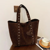 Pbong  Trendy Suede Tote Bag, Studded Detail & Heart Accent, Spacious, Versatile Shoulder Armpit Bags for Daily Commute Casual Outings
