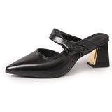 Pbong  Black Pointed Toe High Heel Mules, Wide Bow Knot Backless Sandals, Gold Accent Block Heel Dressy Shoes for Women