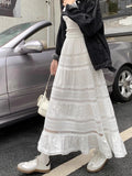 Pbong   White Skirts for Women High Waist A-line Chic Jupe Korean Summer Saia Lace Embroidery Sweet Long Skirt