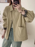 Fall Women Cargo Jacket Loose Preppy Style Long Sleeve Vintage Coat Casual Big Pockets American Retro Solid Bf Outwear Tops