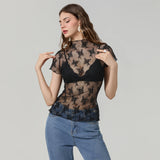 Women Lace Tops Short Sleeve Crew Neck See-through Sheer T-shirt Summer Casual Tee Shirts Clubwear