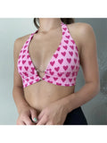 Pink Heart Print Cute Bustier Crop Top Women Aesthetic Kawaii Clothes Sleeveless Backless Lace Up Bralette Camisole