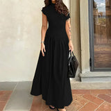 Pbong  Patchwork Pleated Maxi Dress Women's Black Half-turtleneck Short Sleeve High Waist Chic Elegant Office Street Dress