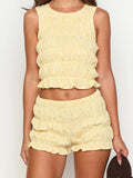 Women's Plaid 2 Piece Set Sleeveless O Neck Ruched Striped Tank Tops Shorts Sets Casual Streetwear