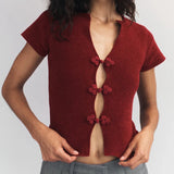 Pbong  Y2K Vintage Open Front Buckles T-shirt 00s Retro V-Neck Short Sleeve Basic Tee Korean Preppy Cute Slim Fit Crop Tops