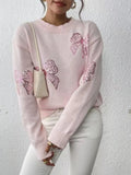 Autumn and Winter Women's Bead Embroidered Bow Sparkling Long Sleeve Hooded Knitted Sweater
