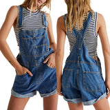 Pbong  Women's Y2K Vintage Retro Denim Bib Overalls Adjustable Straps Pocket Romper Shorts Casual Rolled Cuff Shortalls