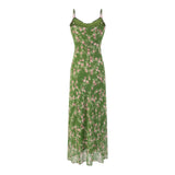 Green Pink Floral Print Women Dress For Summer 2025 New V-neck Chiffon Long Dresses Fashion High Waist Vacation Beach Vestidos