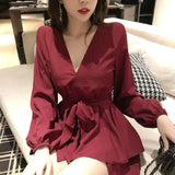 Pbong  Long Sleeve Dress Women Red V-neck Cascading Ruffle Casual Mini Dresses Womens Elegant Party Vestidoes Fashion Solid Trendy