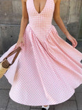 Women Sweet Pink Plaid Print Pleated A-line Dress Sexy Backless V-neck Lace-up Halter Dresses 2025 New Evening Party Club Robes