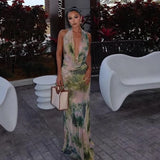 French Retro Style Tie Dye Printed Deep V-neck Hanging Neck Long Dress Sexy Party Dress Slim Women Summer Dresses New
