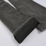 Pbong  Street Fashion Do Old Slimming Micro Flared Jeans Vintage Low Rise Folds Grey Pockets Full Length Trousers Fashion Denim Pants