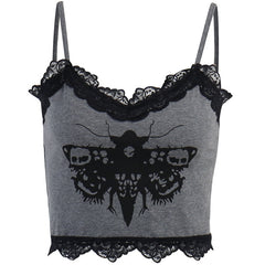 Lace Corset Cami Top Gothic Moth Print Sexy Grunge Mall E Girl Patchwork Spaghetti Straps Backless Vintage Hip Hop Top